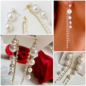 NWT Vintage Style Long White Pearl Gold-Tone Tassel Drop/ Dangle Earrings 3.5”L